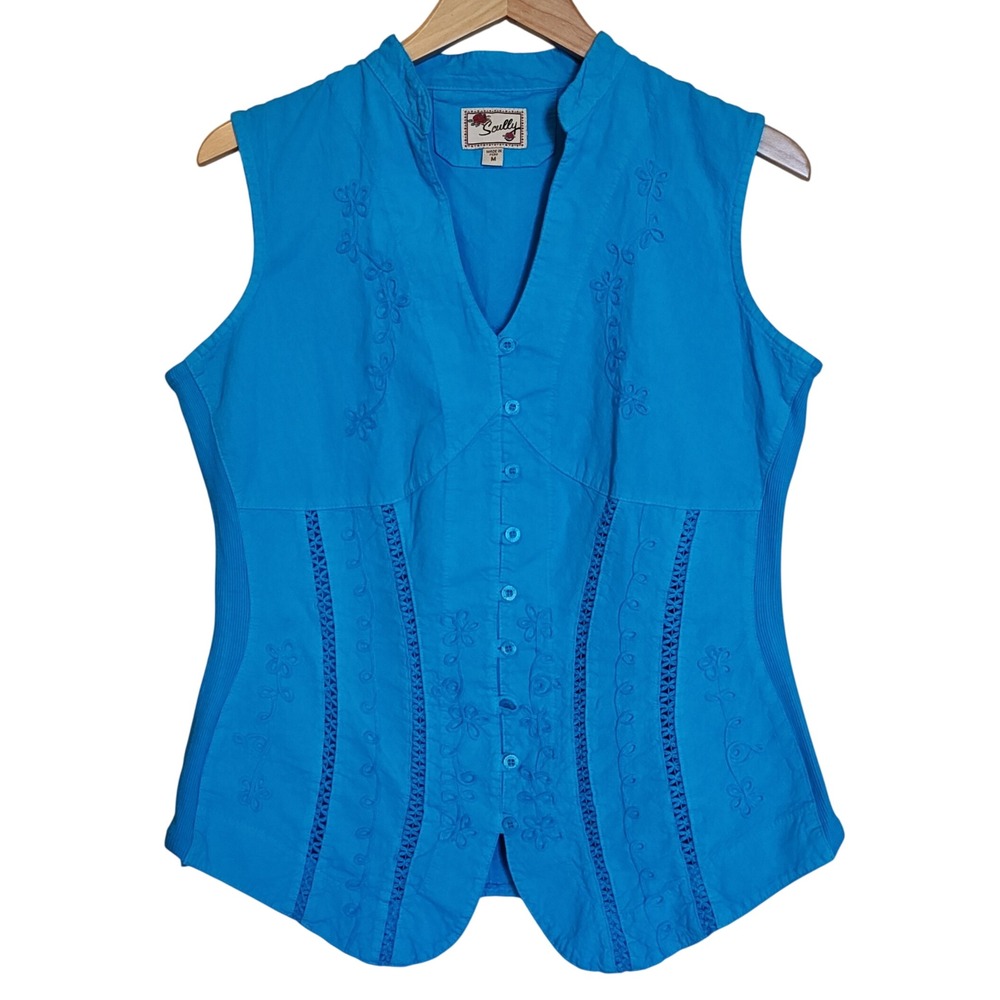 Scully Embroidered Vest Top Womens Medium Blue Cotton Western Eyelet PSL-059